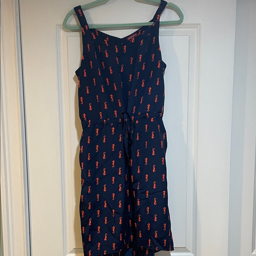 Merona Navy Dress with Orange Seahorse Pattern medium